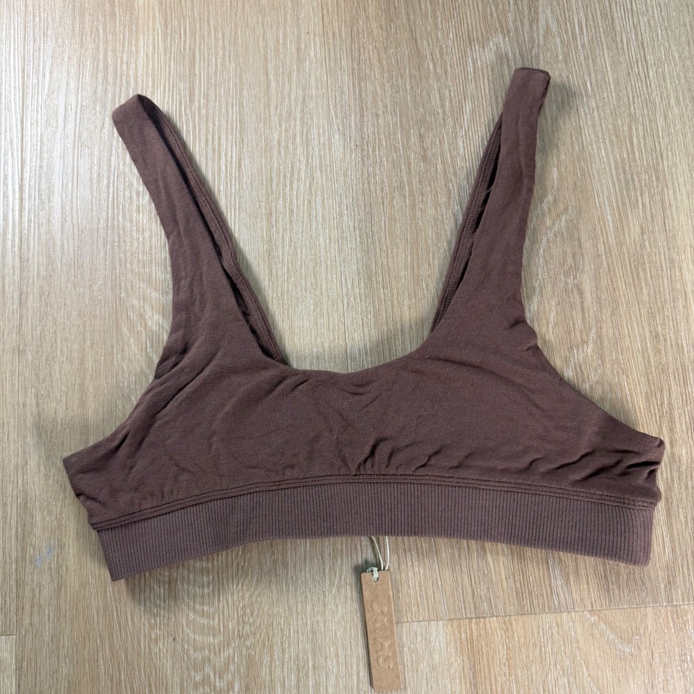 Skims Cotton Rib Bralette Jasper Brown Scoop Neck Lounge Bra NWT Size L
